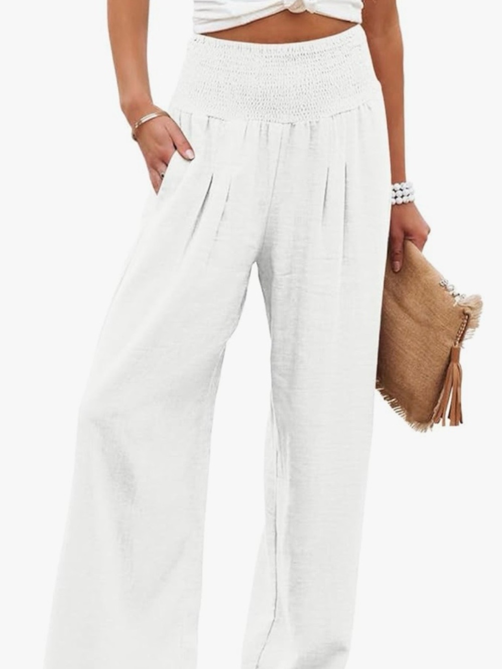 High-Rise White Wide-Leg Smocked Waist Pants